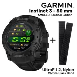 GARMIN Instinct 3 – 50 mm, AMOLED, Tactical Edition + UltraFit 2, Nylon, 26mm, Black Band sports watch