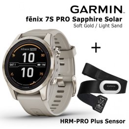 GARMIN fēnix 7S Pro Sapphire Solar, Soft Gold Stainless Steel with Light Sand + HRM-PRO Plus Sens sports watch