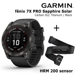 GARMIN fēnix 7X Pro Sapphire Solar, Carbon Gray DLC Titanium with Black Band + HRM 200 Senso sports watch