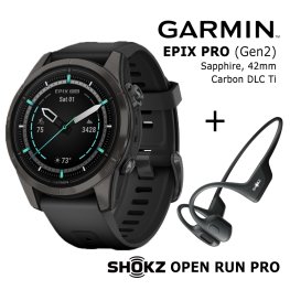 GARMIN epix Pro (Gen 2) Sapphire 42mm Carbon Gray DLC titanium black + Shokz Open Run Pro Black sports watch