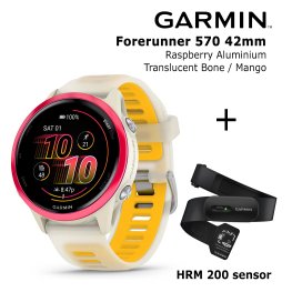 GARMIN Forerunner 570 - 42mm, Raspberry Aluminium with Translucent Bone/Mango + HRM 200 sports watch