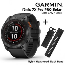 GARMIN fēnix 7X Pro - Solar Slate Gray Stainless Steel with Black + Heathered Black Nylon Band sports watch