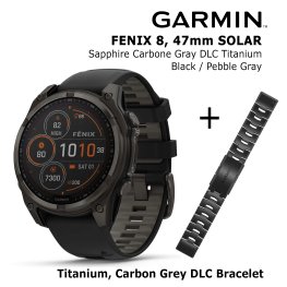 GARMIN Fenix 8 47 mm, Solar, Sapphire Carbon + Titanium Bracelet Carbon Grey DLC Coating, 22mm sports watch