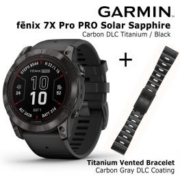 GARMIN fēnix 7X Pro Sapphire Solar, Carbon Gray DLC Titanium with Black + Vented Titanium Bracele sports watch