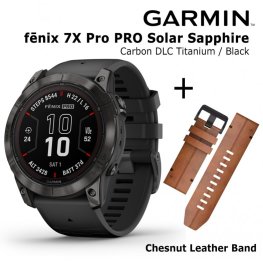 GARMIN fēnix 7X Pro Sapphire Solar, Carbon Gray DLC Titanium with Black + Chestnut Leather Band sports watch