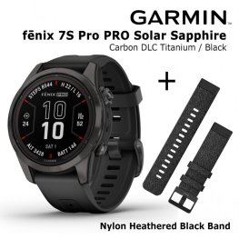 GARMIN fēnix 7S Pro, Sapphire Solar, Carbon Gray DLC Titanium with Black + Heathered Black Nylon sports watch