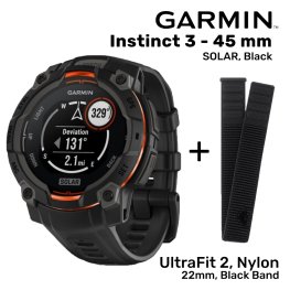 GARMIN Garmin Instinct 3 - 45 mm, Solar, Black + UltraFit 2, Nylon, 22mm, Black Band sports watch