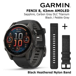 GARMIN Fenix 8 43 mm, AMOLED, Sapphire Carbon + Black Heathered Nylon Band sports watch