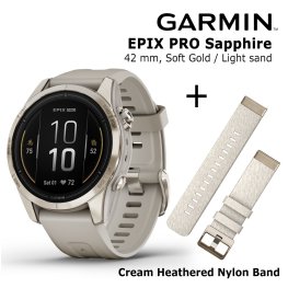 GARMIN epix Pro (Gen 2) Sapphire, 42 mm Soft Gold Stainless Steel with light sand + Cream Heather sports watch