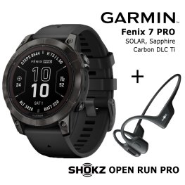 GARMIN fēnix 7S Pro, Sapphire Solar, Carbon Gray DLC Titanium + Shokz Open Run Pro Black sports watch