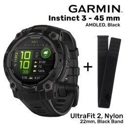 GARMIN Instinct 3 - 45 mm, AMOLED, Black + UltraFit 2, Nylon, 22mm, Black Band sports watch