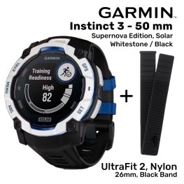 GARMIN Instinct 3 – 50 mm, Supernova Edition, Solar, Whitestone + UltraFit 2, Nylon, 26mm, Black sports watch