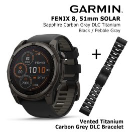 GARMIN Fenix 8 51 mm, Solar, Sapphire Carbon + Vented Titanium Bracelet Carbon Gray DLC sports watch