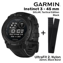 GARMIN Instinct 3 - 45 mm, Solar, Tactical Black + UltraFit 2, Nylon, 22mm, Black Band sports watch