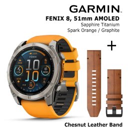 GARMIN Fenix 8 51 mm, AMOLED, Sapphire Titanium + Chesnut Leather Band sports watch