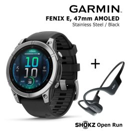 GARMIN Fenix E 47 mm, AMOLED, Stainless Steel + SHOKZ Open Run Black sports watch