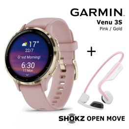 GARMIN Venu 3S, Pink, Gold + Shokz Open Move Pink sports watch