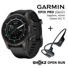 GARMIN epix Pro (Gen 2) Sapphire 42mm Carbon Gray DLC titanium black + Shokz Open Run Black sports watch
