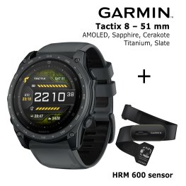 GARMIN Tactix 8 – 51 mm, AMOLED, Sapphire, Cerakote, Titanium, Slate grey + HRM 600 Sensor sports watch