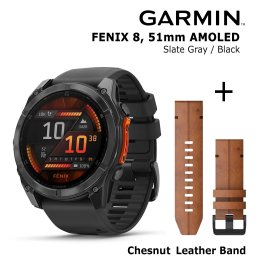 GARMIN Fenix 8 51 mm, AMOLED, Slate Gray + Chestnut Leather Band sports watch