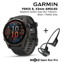 GARMIN Fenix 8 43 mm, AMOLED, Sapphire Carbon + SHOKZ Open Run Pro Black sports watch