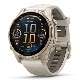 GARMIN Fenix 8 43 mm, AMOLED, Sapphire Soft Gold + Cream Heathered Nylon Band sports watch