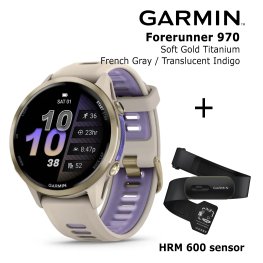 GARMIN Forerunner 970, Soft Gold Titanium, French Gray/Translucent Indigo + HRM 600 sports watch