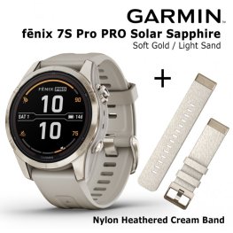 GARMIN fēnix 7S Pro Sapphire Solar, Soft Gold Stainless Steel with Light Sand + Cream Heathered N sports watch