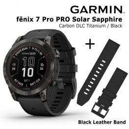 GARMIN fēnix 7 Pro Sapphire Solar Carbon Gray DLC Titanium with Black Band + Black Leather Band sports watch