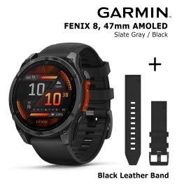 GARMIN Fenix 8 47 mm, AMOLED, Slate Gray + Black Leather Watch Band, QuickFit 22mm sports watch