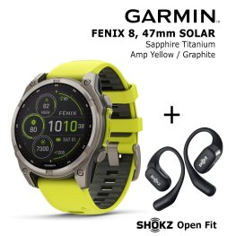 GARMIN Fenix 8 47 mm, Solar, Sapphire Titanium + SHOKZ Open Fit Black sports watch