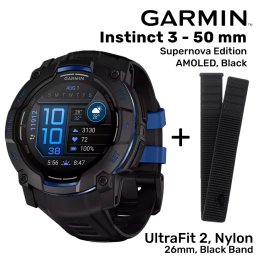 GARMIN Instinct 3 – 50 mm, Supernova Edition, AMOLED, Black + UltraFit 2, Nylon, 26mm, Black Band sports watch
