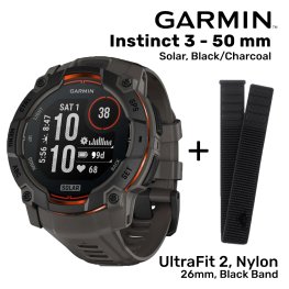 GARMIN Instinct 3 - 50 mm, Solar, Black/Charcoal + Garmin UltraFit 2, Nylon, 26mm, Black B sports watch