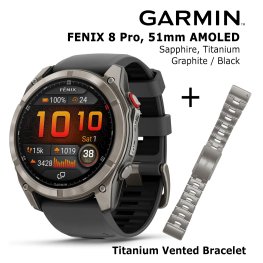 GARMIN fēnix® 8 Pro – 51 mm, AMOLED, Sapphire, Ti + 26mm Titanium Vented Bracelet sports watch