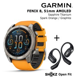 GARMIN Fenix 8 51 mm, AMOLED, Sapphire Titanium + SHOKZ Open Fit Black sports watch
