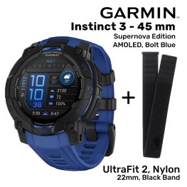 GARMIN Instinct 3 – 45 mm, Supernova, AMOLED, Bolt blue + UltraFit 2, Nylon, 22mm, Black Band sports watch