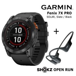 GARMIN fēnix 7X Pro - Solar Slate Stainless Steel / Black + Shokz Open Run Black sports watch