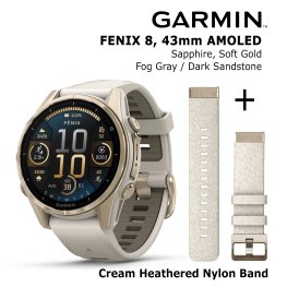 GARMIN Fenix 8 43 mm, AMOLED, Sapphire Soft Gold + Cream Heathered Nylon Band sports watch