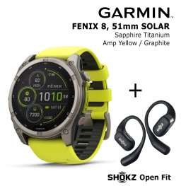 GARMIN Fenix 8 51 mm, Solar, Sapphire Titanium + SHOKZ Open Fit Black sports watch