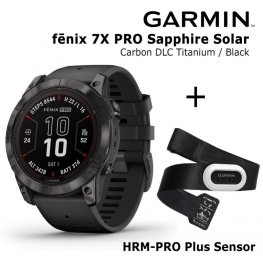 GARMIN fēnix 7X Pro Sapphire Solar, Carbon Gray DLC Titanium with Black Band + HRM-PRO Plus Senso sports watch