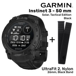 GARMIN Instinct 3 - 50 mm, Solar, Tactical Edition, Black + UltraFit 2, Nylon, 26mm, Black sports watch