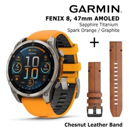 GARMIN Fenix 8 47 mm, AMOLED, Sapphire Titanium + Chesnut Leather Band sports watch