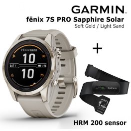 GARMIN fēnix 7S Pro Sapphire Solar, Soft Gold Stainless Steel with Light Sand + HRM 200 Sens sports watch