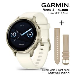 GARMIN Venu 4 - 41mm, Lunar Gold + Cream Gold / Light Sand Leather band sports watch
