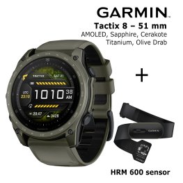 GARMIN Tactix 8 – 51 mm, AMOLED, Sapphire, Cerakote, Titanium, Olive + HRM 600 Sensor sports watch