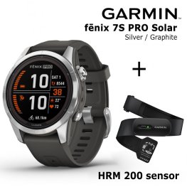 GARMIN fēnix 7S Pro Solar, Silver Stainless Steel with Graphite + HRM 200 Sensor sports watch