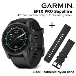 GARMIN epix Pro (Gen 2) Sapphire, 42 mm Carbon Gray DLC titanium with black silicone + Heathered sports watch