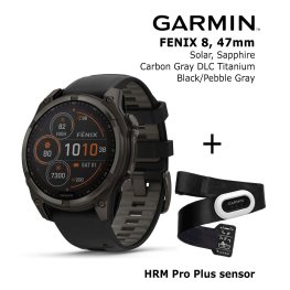 GARMIN Fenix 8 47 mm, Solar, Sapphire Carbon + Garmin HRM Pro Plus Sensor sports watch
