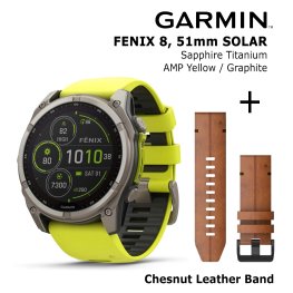 GARMIN Fenix 8 51 mm, Solar, Sapphire Titanium + Chesnut Leather Band sports watch