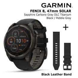 GARMIN Fenix 8 47 mm, Solar, Sapphire Carbon + Black Leather Watch Band, QuickFit 22mm sports watch